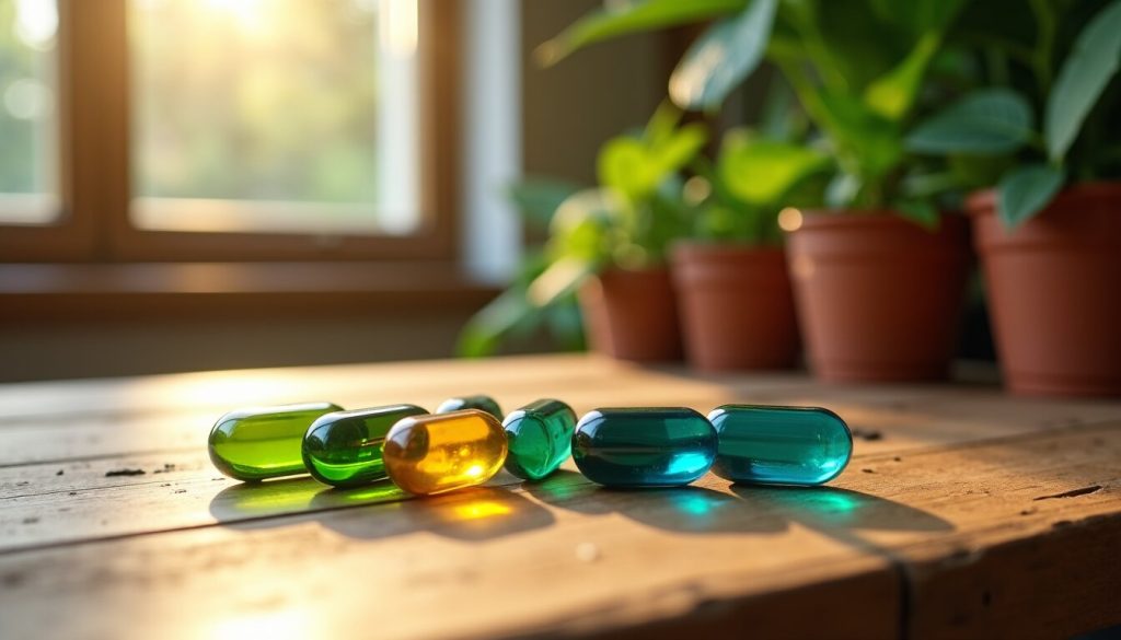 Gros plan sur une table en bois ensoleillée avec plusieurs gélules CBD translucides aux couleurs vives, vertes, dorées et bleues, devant une fenêtre et des plantes en pot.