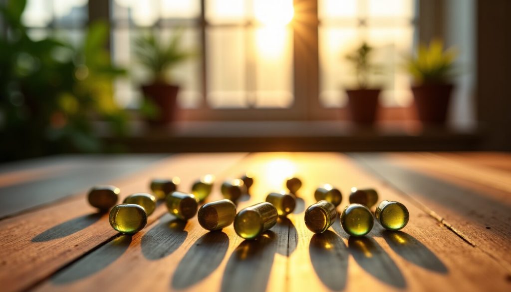 Gros plan en contre-jour sur de nombreuses gélules CBD translucides éparpillées sur une table en bois rustique, avec des plantes en pot et une fenêtre en arrière-plan sous la lumière du soleil.