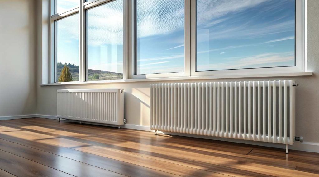 Deux radiateurs blancs installés sous de grandes fenêtres pour calculer puissance radiateur chauffage.